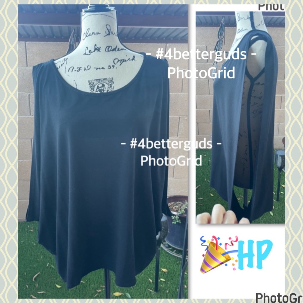 Eileen Fisher Dolman Open Drape Sleeves Hi Low Hem Oversize Black Blouse Large